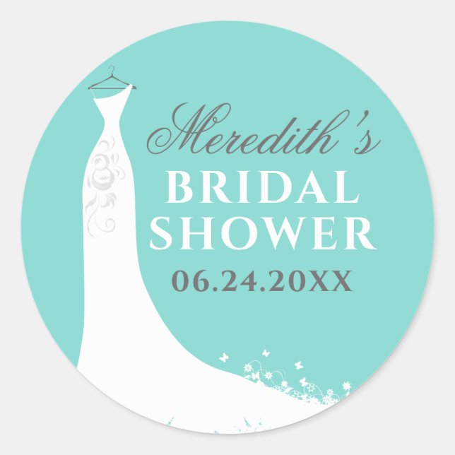 Elegant Aqua Blue Gown Bridal Shower Classic Round Sticker (Front)