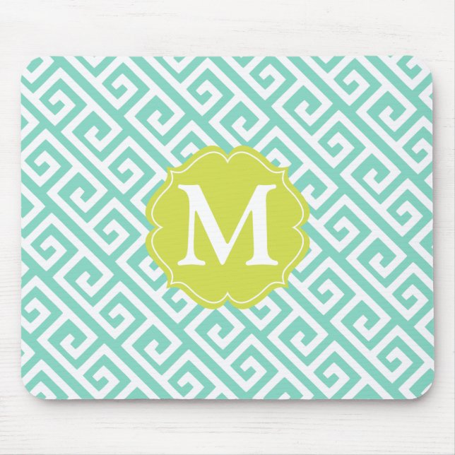 Elegant Aqua Blue Greek Key Personalized Mouse Pad (Front)