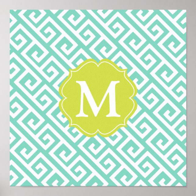Elegant Aqua Blue Greek Key Personalized Poster (Front)