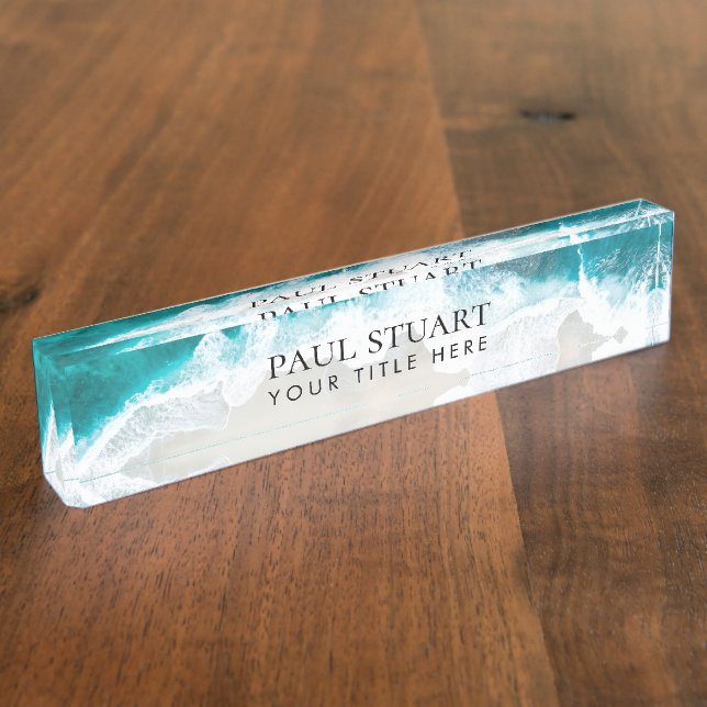 Elegant Aqua Blue Green Beach Script  Desk Name Plate (Side)