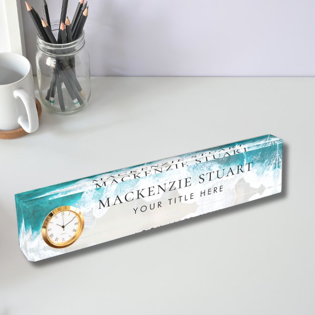 Elegant Aqua Blue Green Beach Script  Desk Name Plate (Creator Uploaded)
