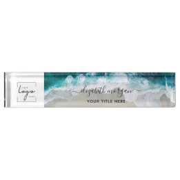Elegant Aqua Blue Green Beach Script Logo Desk Name Plate