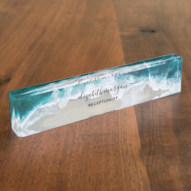 Elegant Aqua Blue Green Beach Script Receptionist Desk Name Plate (Side)