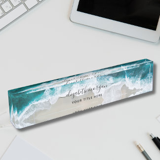 Elegant Aqua Blue Green Beach Signature Script Desk Name Plate