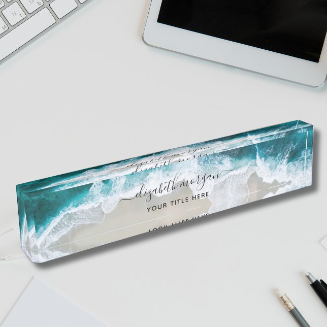 Elegant Aqua Blue Green Beach Signature Script Desk Name Plate (Creator Uploaded)