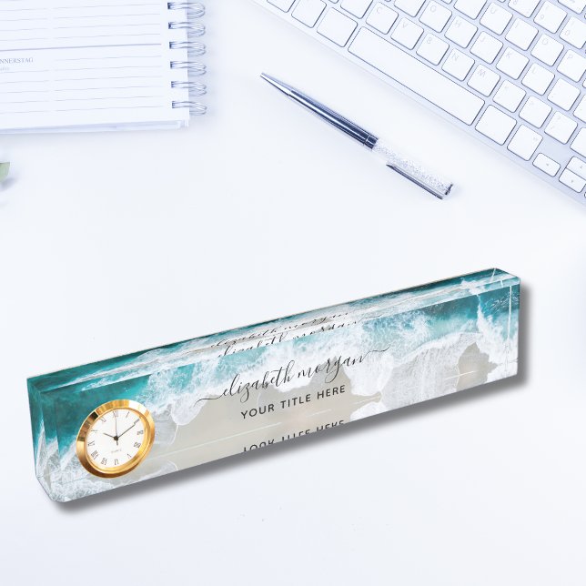 Elegant Aqua Blue Green Script Name Clock Desk Nam Plate (Creator Uploaded)