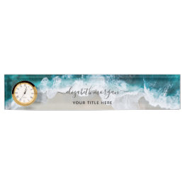 Elegant Aqua Blue Green Script Name Clock Desk Name Plate