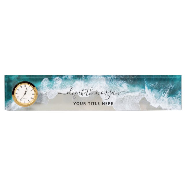 Elegant Aqua Blue Green Script Name Clock Desk Name Plate (Front)