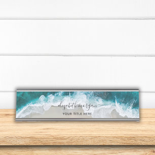Elegant Aqua Blue Green Signature Script Name Desk Name Plate