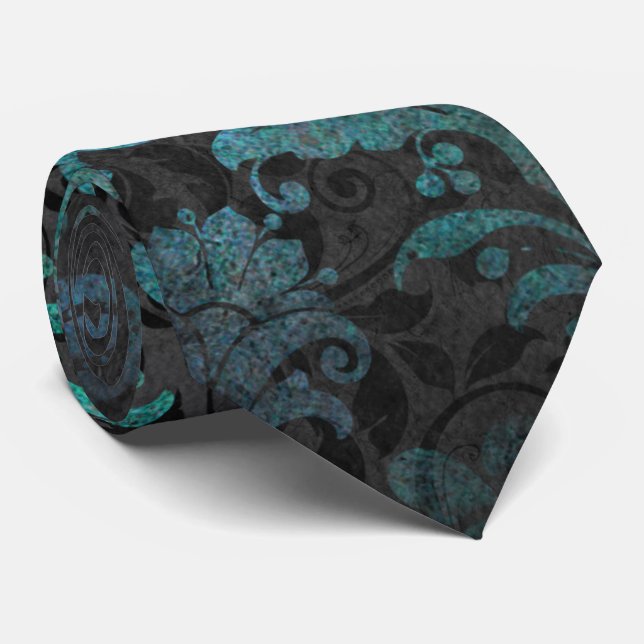 Elegant Aqua Blue Grunge Damask Floral Neck Tie (Rolled)
