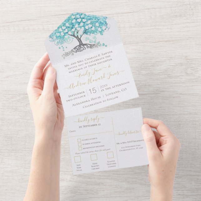 Elegant Aqua Blue Heart Leaf Tree Wedding All In One Invitation (Tearaway)