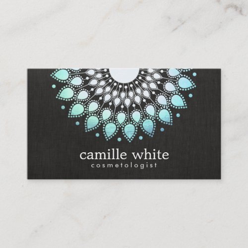 Cosmetology Elegant Circle Light Blue Black Linen Business Cards