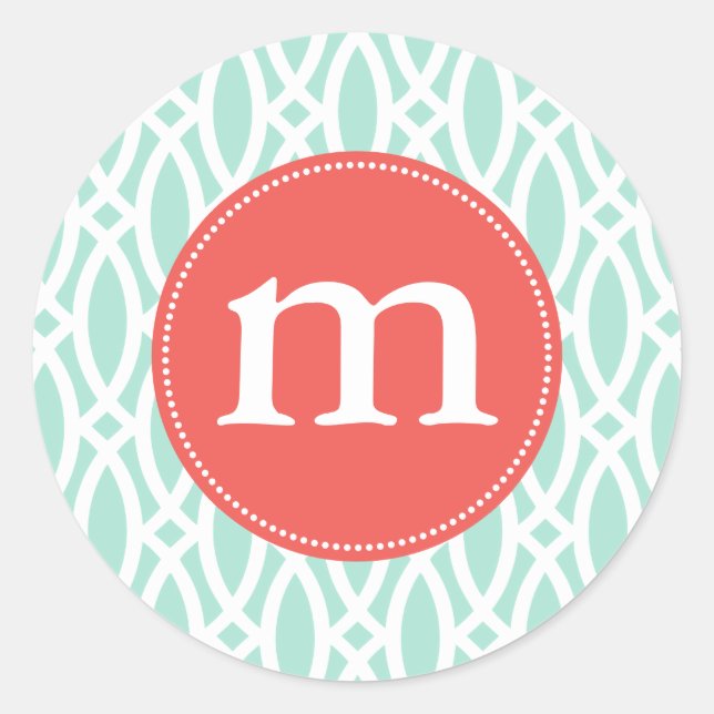 Elegant Aqua Blue Modern Trellis Personalized Classic Round Sticker (Front)