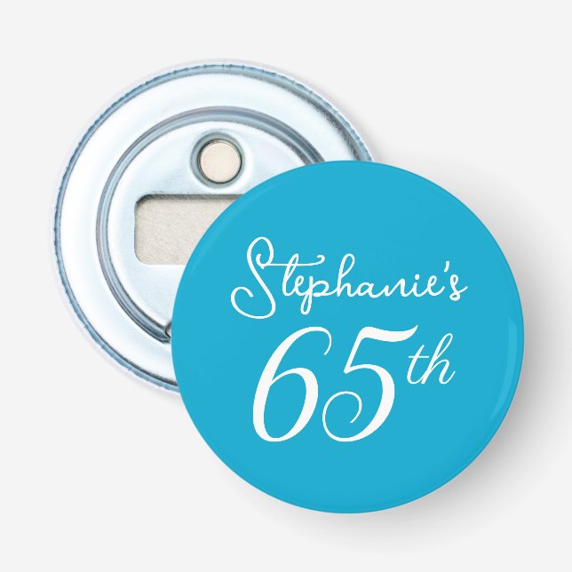 Elegant Aqua Blue Monogram 65th Birthday Party Bottle Opener (Front)