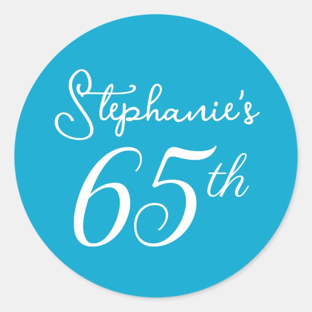 Elegant Aqua Blue Monogram 65th Birthday Party Classic Round Sticker (Front)