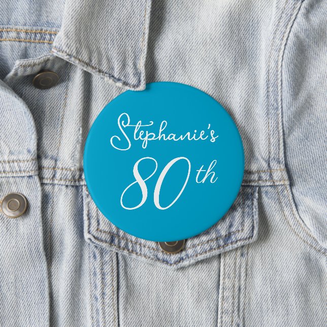 Elegant Aqua Blue Monogram 80th Birthday Party Button (In Situ)