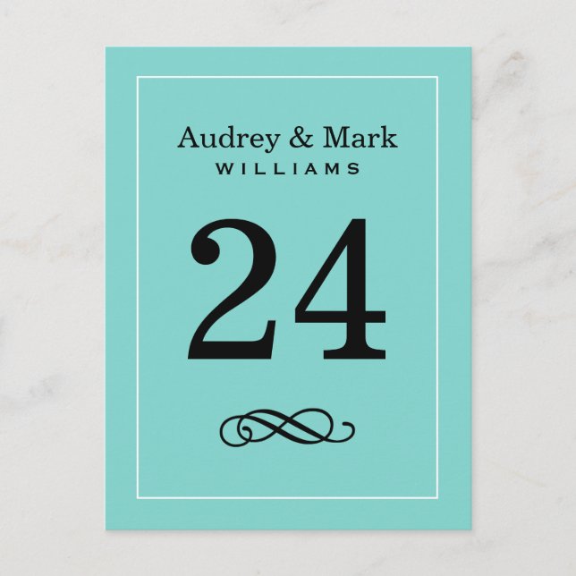Elegant Aqua Blue Monogram Wedding Table Number (Front)