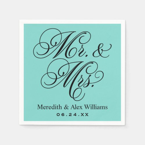 Elegant Aqua Blue Mr and Mrs Script Monogram Napkins