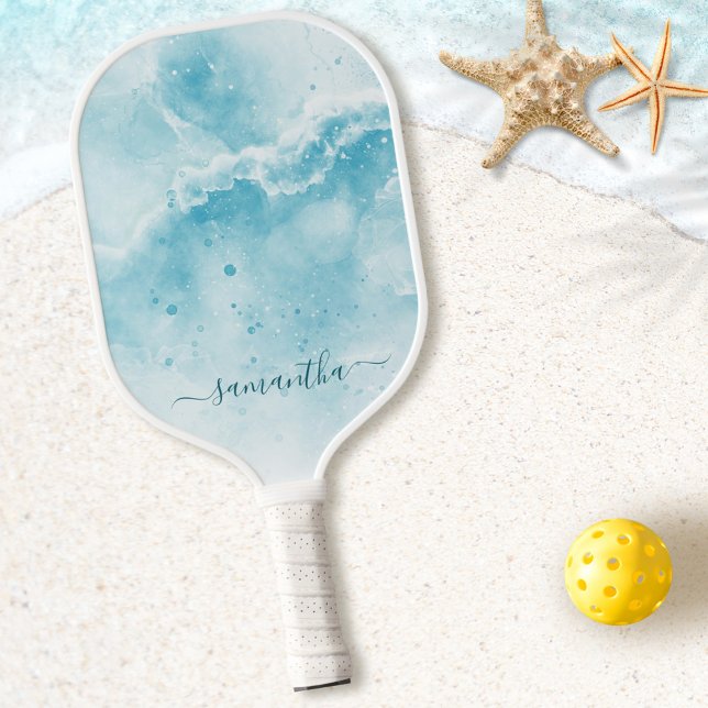 Elegant Aqua Blue Ocean Coastal Monogrammed Pickleball Paddle (Creator Uploaded)