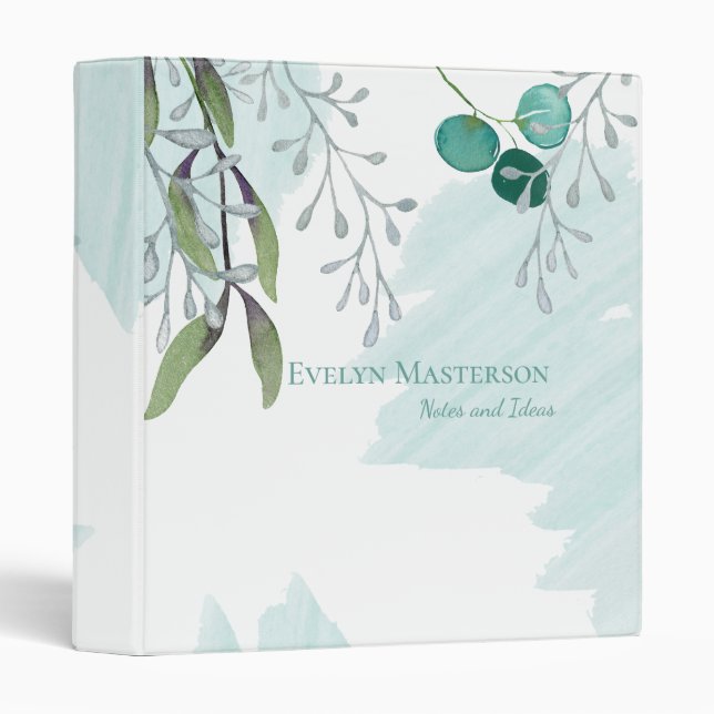 Elegant Aqua Blue on White Creative Eucalyptus 3 Ring Binder (Front/Spine)