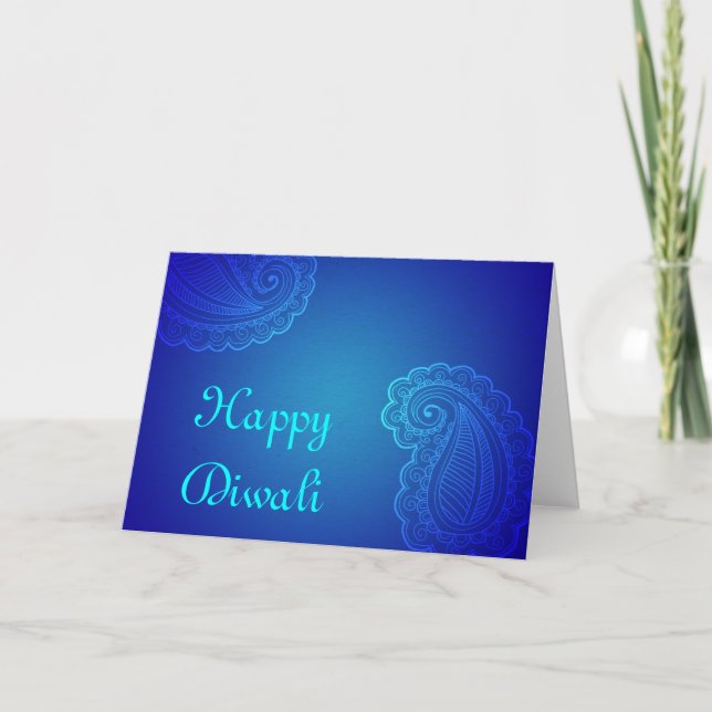 Elegant Aqua Blue Paisley Happy Diwali Card (Front)