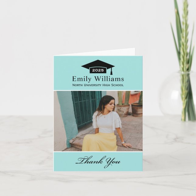 Elegant Aqua Blue Personalized Graduation Photo Thank You Card (Front)