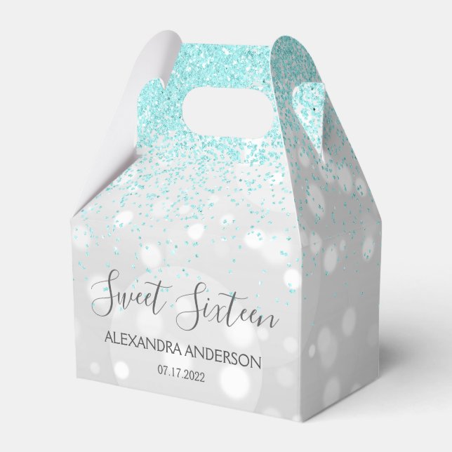 Elegant Aqua Blue Silver Glitter Sweet Sixteen Favor Boxes (Front Side)