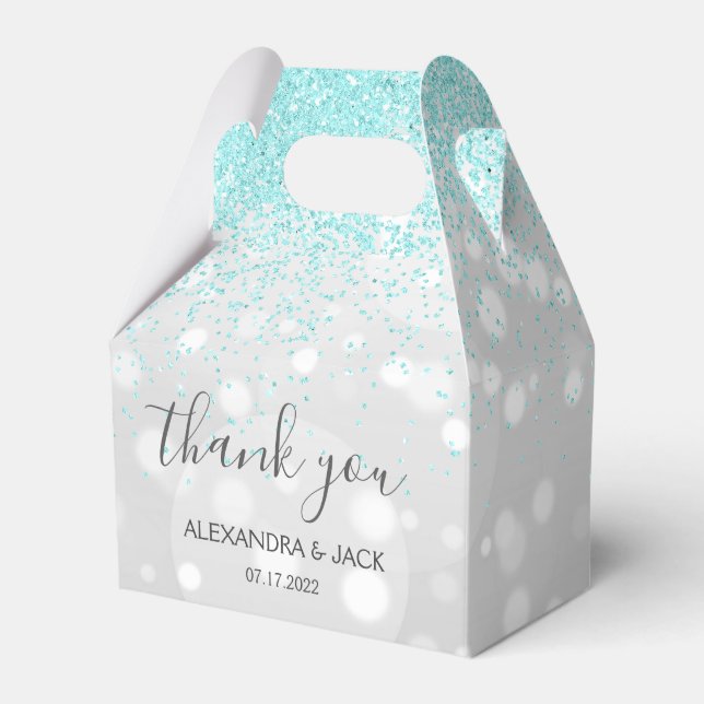 Elegant Aqua Blue Silver Sparkly Glitter Wedding Favor Boxes (Front Side)