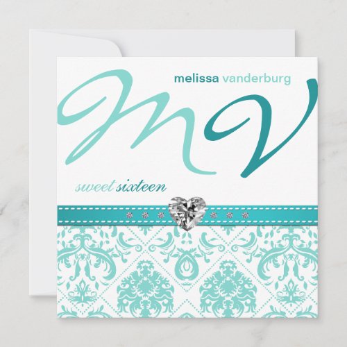 Elegant Aqua blue Sweet Sixteen Birthday Invites