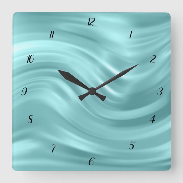 Elegant Aqua Blue Swirl Design Decorative Square Wall Clock (Front)