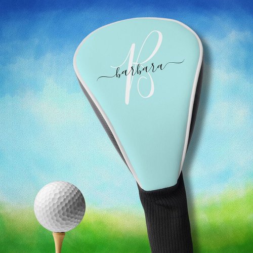 Elegant Aqua Blue Teal Monogram Initial Name   Golf Head Cover