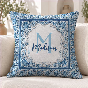 Elegant Aqua Blue Vintage Floral Monogram Throw Pillow