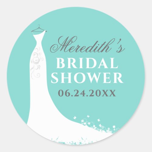 Elegant Aqua Blue Wedding Gown Bridal Shower Classic Round Sticker