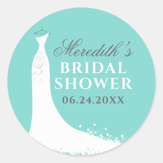 Elegant Aqua Blue Wedding Gown Bridal Shower Classic Round Sticker (Front)
