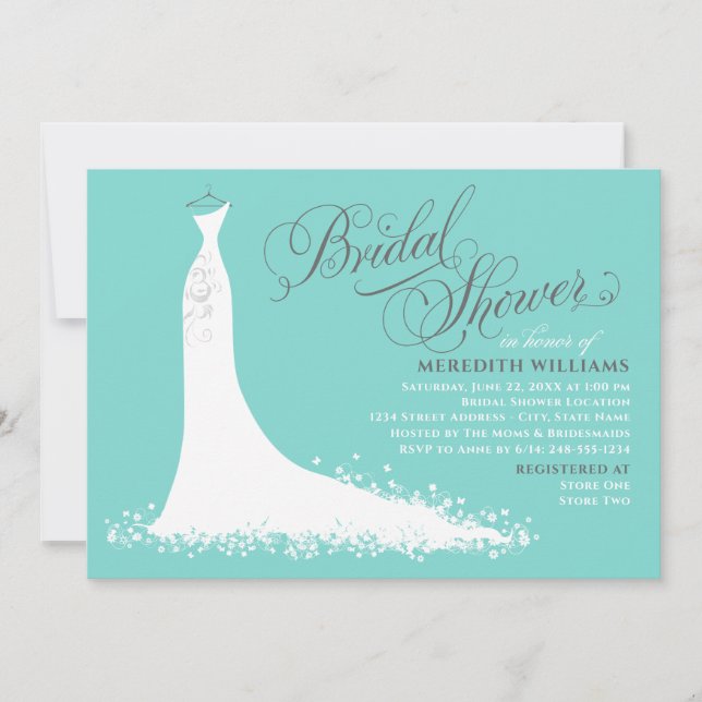 Elegant Aqua Blue Wedding Gown Bridal Shower Invitation (Front)