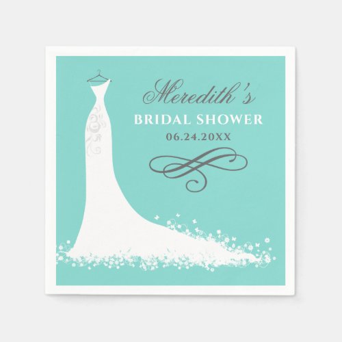 Elegant Aqua Blue Wedding Gown Bridal Shower Paper Napkins