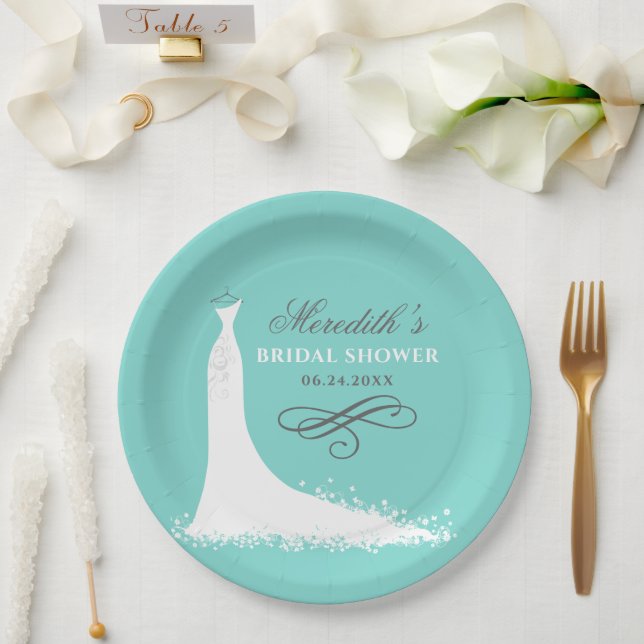Elegant Aqua Blue Wedding Gown Bridal Shower Paper Plates (Wedding)