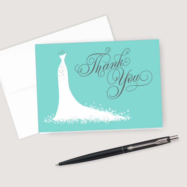 Elegant Aqua Blue Wedding Gown Bridal Shower Thank You Card