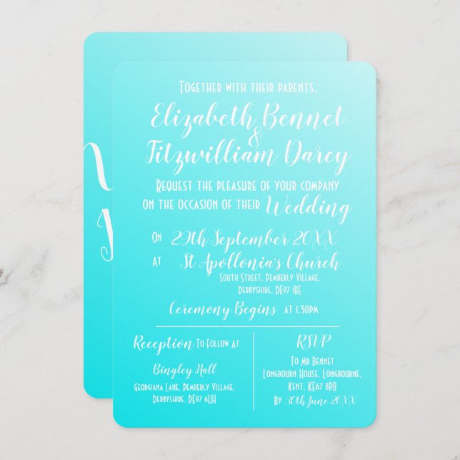 Elegant Aqua Blue Wedding Invitation (Front/Back)