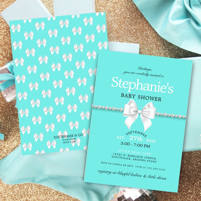 Elegant Aqua Blue White Bow Baby Shower Invitation (Elegant aqua blue teal tiffany theme baby shower with pearls white bow and simple typography script)