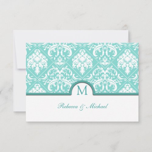Elegant Aqua Blue &amp; White Damask Monogram RSVP