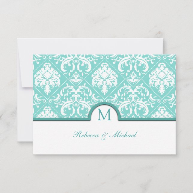 Elegant Aqua Blue & White Damask Monogram RSVP Card (Front)