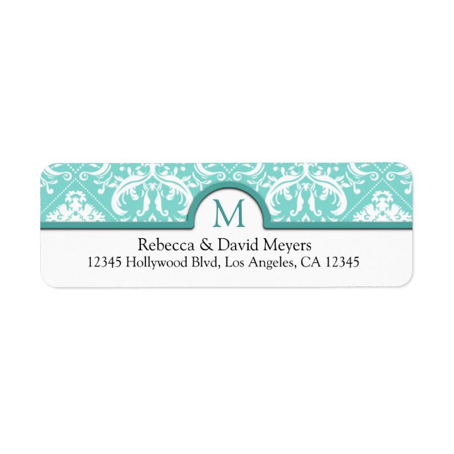 Elegant Aqua Blue & White Damask with Monogram Label (Front)