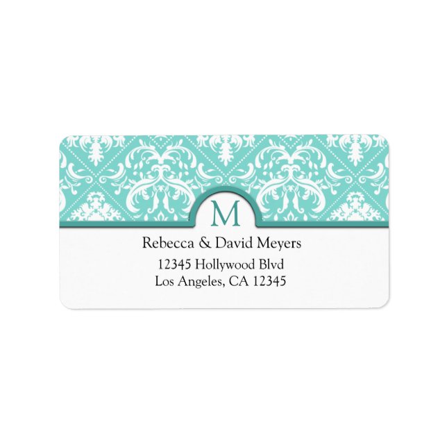 Elegant Aqua Blue & White Damask with Monogram Label (Front)