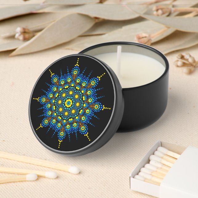 Elegant Aqua Blue & Yellow on Black Floral Mandala Mini Candle Favors (Insitu)