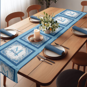 Elegant Aqua Blue Yellow Vintage Floral Monogram Short Table Runner