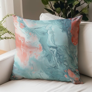 Elegant Aqua Coral Watercolor Abstract Throw Pillow