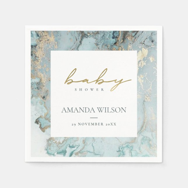 ELEGANT AQUA DUSKY BLUE GOLD AGATE BABY SHOWER  NAPKINS (Front)