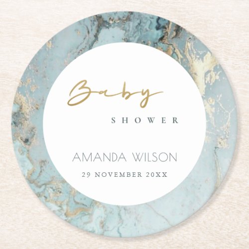 ELEGANT AQUA DUSKY BLUE GOLD AGATE BABY SHOWER ROUND PAPER COASTER