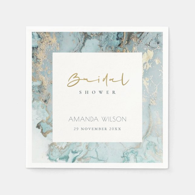 ELEGANT AQUA DUSKY BLUE GOLD AGATE BRIDAL SHOWER NAPKINS (Front)